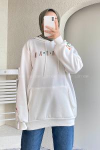 Modalamelif Kapüşonlu Kanguru Cepli Önü Yazı Baskılı Sweat Beyaz
