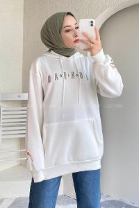 Modalamelif Kapüşonlu Kanguru Cepli Önü Yazı Baskılı Sweat Beyaz