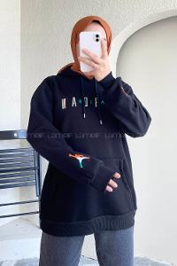 Modalamelif Kapüşonlu Kanguru Cepli Önü Yazı Baskılı Sweat Siyah