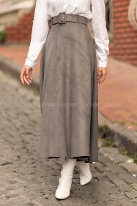 Modalamelif Kemer Detaylı Süet Etek Gri
