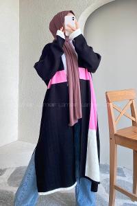 Modalamelif Kol ve Etek Ucu Renk Garnili Yırtmaç Detaylı Hırka Siyah