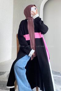 Modalamelif Kol ve Etek Ucu Renk Garnili Yırtmaç Detaylı Hırka Siyah