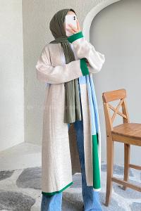 Modalamelif Kol ve Etek Ucu Renk Garnili Yırtmaç Detaylı Hırka Taşrengi