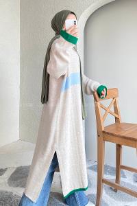 Modalamelif Kol ve Etek Ucu Renk Garnili Yırtmaç Detaylı Hırka Taşrengi