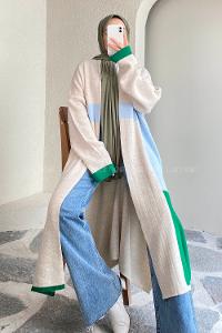 Modalamelif Kol ve Etek Ucu Renk Garnili Yırtmaç Detaylı Hırka Taşrengi