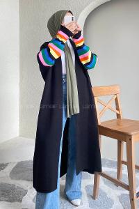 Modalamelif Kolu Çizgi Renk Garnili Yırtmaç Detaylı Hırka Siyah