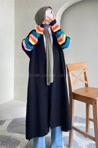 Modalamelif Kolu Çizgi Renk Garnili Yırtmaç Detaylı Hırka Siyah