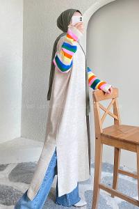 Modalamelif Kolu Çizgi Renk Garnili Yırtmaç Detaylı Hırka Taşrengi