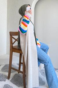 Modalamelif Kolu Çizgi Renk Garnili Yırtmaç Detaylı Hırka Taşrengi