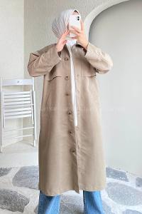 Modalamelif Önü Boydan Düğmeli Kapüşon Detaylı Trenç Vizonrengi