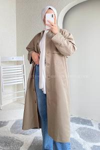 Modalamelif Önü Boydan Düğmeli Kapüşon Detaylı Trenç Vizonrengi