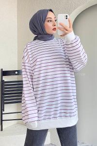 Modalamelif Renk Garnili Çizgi Desenli Sweat Beyaz-Mor