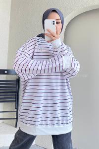 Modalamelif Renk Garnili Çizgi Desenli Sweat Beyaz-Mor