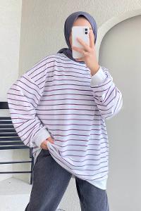 Modalamelif Renk Garnili Çizgi Desenli Sweat Beyaz-Mor