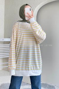 Modalamelif Renk Garnili Çizgi Desenli Sweat Beyaz-Sarı