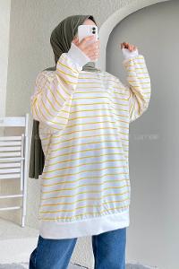 Modalamelif Renk Garnili Çizgi Desenli Sweat Beyaz-Sarı