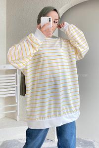 Modalamelif Renk Garnili Çizgi Desenli Sweat Beyaz-Sarı