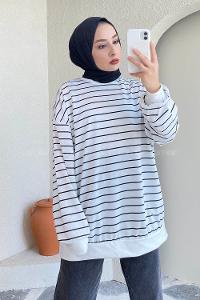 Modalamelif Renk Garnili Çizgi Desenli Sweat Beyaz-Siyah