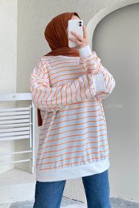 Modalamelif Renk Garnili Çizgi Desenli Sweat Beyaz-Turuncu