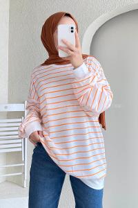 Modalamelif Renk Garnili Çizgi Desenli Sweat Beyaz-Turuncu