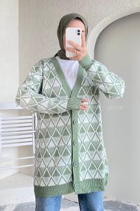 Modalamelif V Yaka Baklava Kilim Desenli Düğme Detaylı Hırka Çağla Yeşili