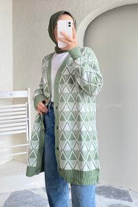 Modalamelif V Yaka Baklava Kilim Desenli Düğme Detaylı Hırka Çağla Yeşili