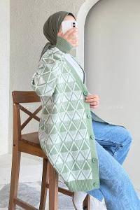 Modalamelif V Yaka Baklava Kilim Desenli Düğme Detaylı Hırka Çağla Yeşili