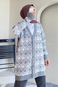 Modalamelif V Yaka Baklava Kilim Desenli Düğme Detaylı Hırka Gri