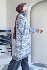 Modalamelif V Yaka Baklava Kilim Desenli Düğme Detaylı Hırka Gri