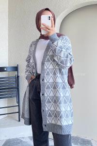 Modalamelif V Yaka Baklava Kilim Desenli Düğme Detaylı Hırka Gri