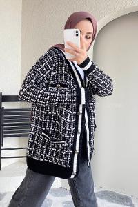 Modalamelif V Yaka Önü Düğmeli Taş  Detaylı Triko Hırka Siyah