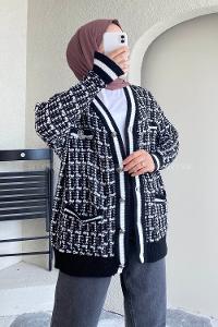 Modalamelif V Yaka Önü Düğmeli Taş  Detaylı Triko Hırka Siyah