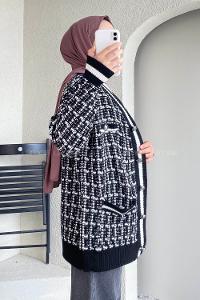 Modalamelif V Yaka Önü Düğmeli Taş  Detaylı Triko Hırka Siyah