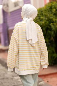 Modalamelif Berkeley Yazı Baskılı Çizgi Desenli Sweat Sarı-Beyaz