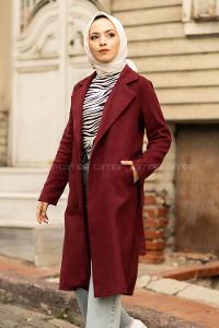 Modalamelif Çift Cep Detaylı Kuşak Bağlamalı Kaşe Kaban Bordo