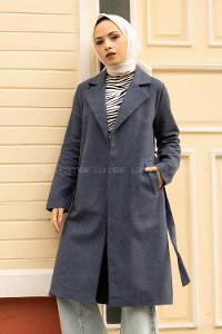 Modalamelif Çift Cep Detaylı Kuşak Bağlamalı Kaşe Kaban Lacivert