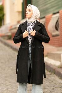 Modalamelif Çift Cep Detaylı Kuşak Bağlamalı Kaşe Kaban Siyah