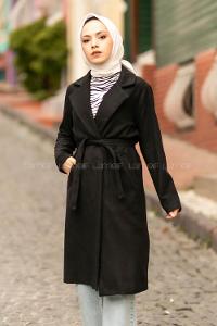 Modalamelif Çift Cep Detaylı Kuşak Bağlamalı Kaşe Kaban Siyah