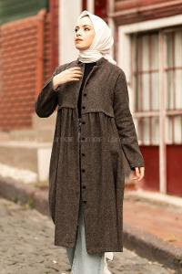 Modalamelif Hakim Yaka Robalı Önü Boydan Düğmeli Tunik Koyu Kahverengi