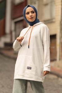 Modalamelif Kapüşon Detaylı Kanguru Cepli Arma Nakışlı Sweat Beyaz