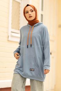 Modalamelif Kapüşon Detaylı Kanguru Cepli Arma Nakışlı Sweat Mavi