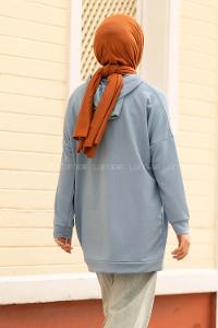 Modalamelif Kapüşon Detaylı Kanguru Cepli Arma Nakışlı Sweat Mavi