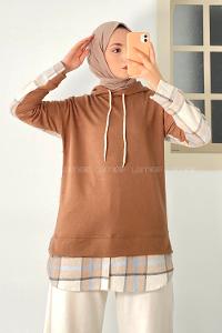 Modalamelif Kapüşonlu Sırt Ekose Etek Ucu Garnili Sweat Kahverengi