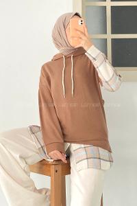 Modalamelif Kapüşonlu Sırt Ekose Etek Ucu Garnili Sweat Kahverengi