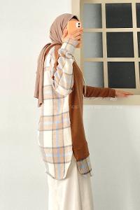 Modalamelif Kapüşonlu Sırt Ekose Etek Ucu Garnili Sweat Kahverengi