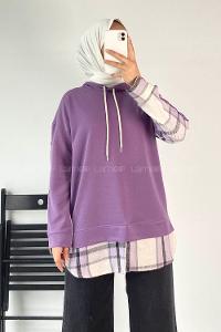 Modalamelif Kapüşonlu Sırt Ekose Etek Ucu Garnili Sweat Lila