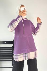 Modalamelif Kapüşonlu Sırt Ekose Etek Ucu Garnili Sweat Lila