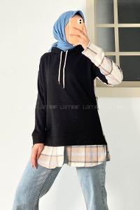 Modalamelif Kapüşonlu Sırt Ekose Etek Ucu Garnili Sweat Siyah