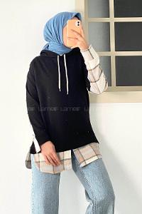 Modalamelif Kapüşonlu Sırt Ekose Etek Ucu Garnili Sweat Siyah