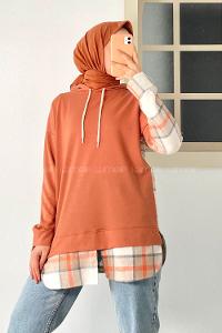 Modalamelif Kapüşonlu Sırt Ekose Etek Ucu Garnili Sweat Turuncu